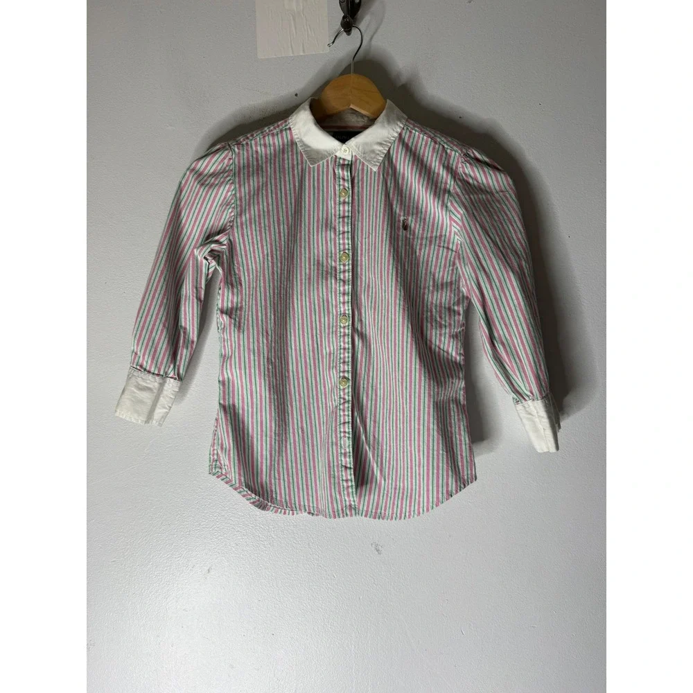Ralph Lauren pink green stripe collar long sleeve button down girls L